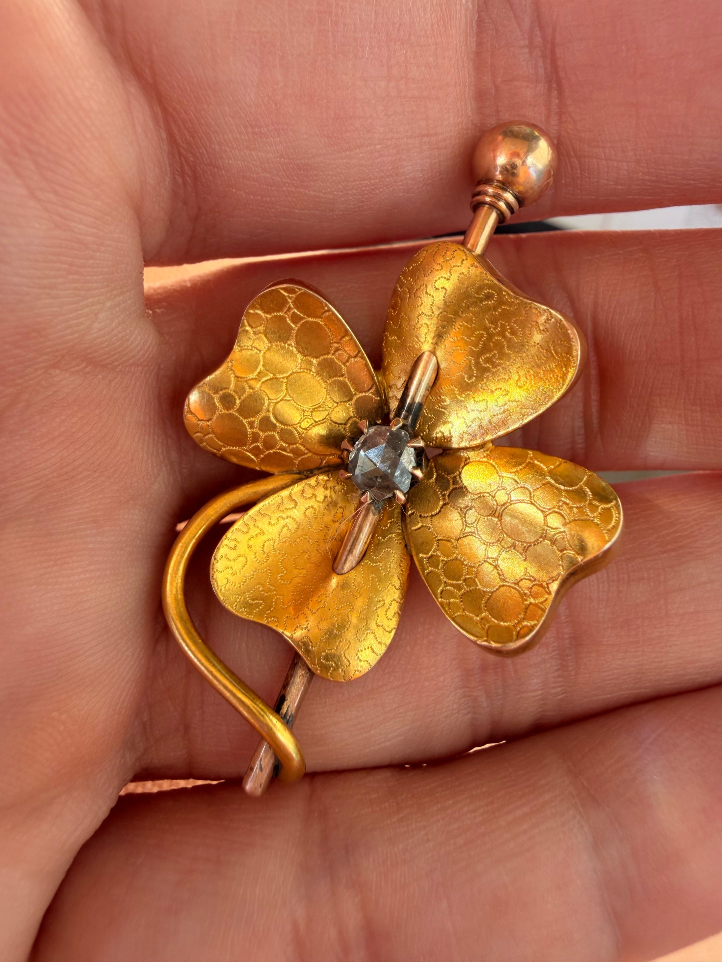 Antique 14K approx .25ctw rose cut diamond clover pendant