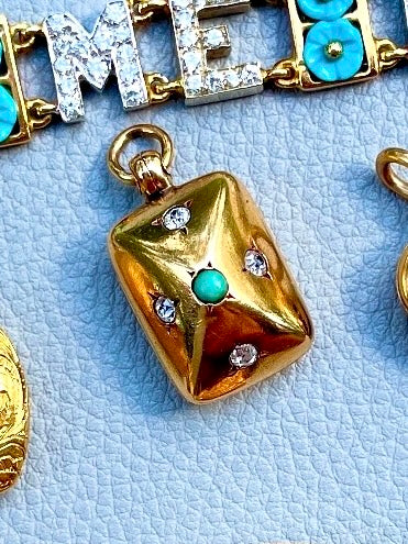 Antique French yellow 18K old mine cut diamond and turquoise top hinge rectangular locket