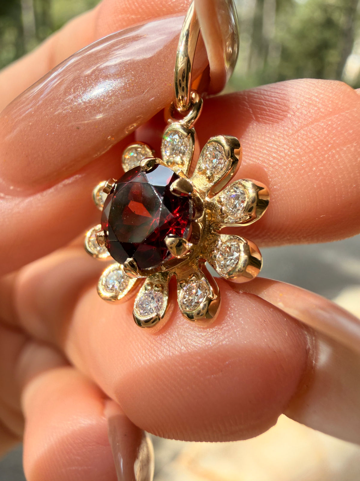 3GOG Natural Red Garnet and Diamond Flower Pendant 14K - Oct 2026 drop