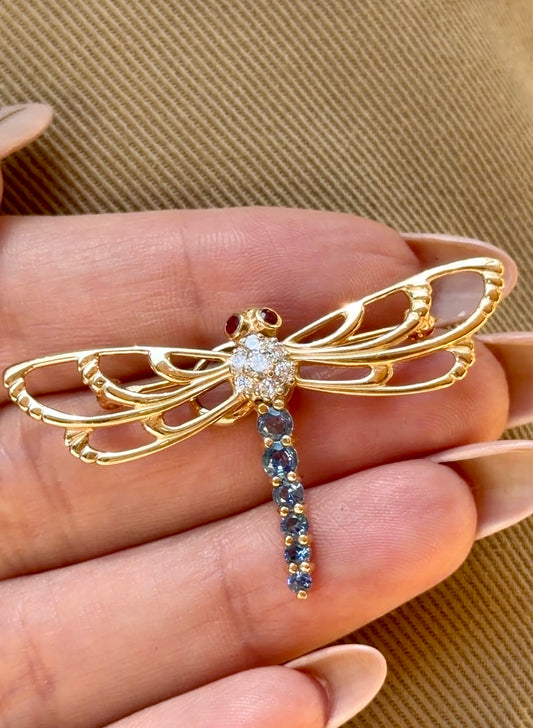 Vintage yellow 14K approx .35 ctw sapphire, ruby and .11 ctw diamond dragonfly pendant and pin