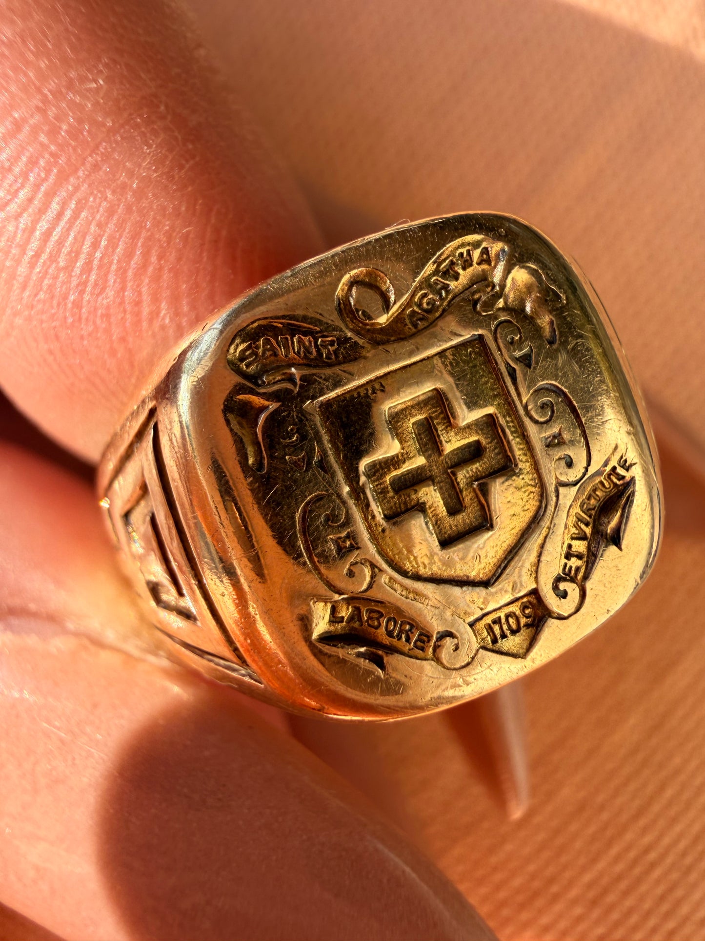 Vintage yellow 14K gold Tiffany & Co Maltese Cross and Shield Saint Agatha signet ring, size 6.75