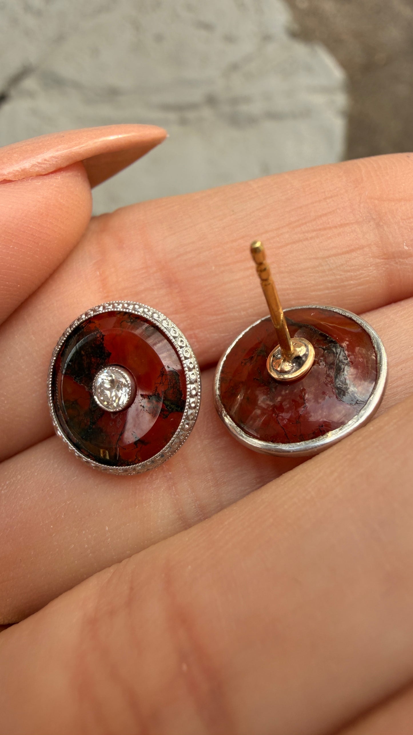 Antique Platinum and yellow 18K agate and .22ctw old European cut diamond post earrings