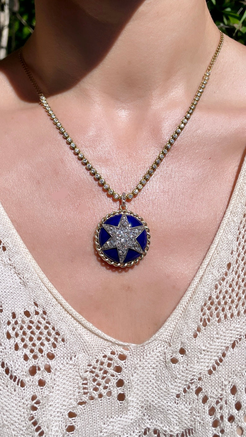 Antique yellow 14K approx over 4 ctw old mine cut and rose cut diamond blue enamel star statement pendant