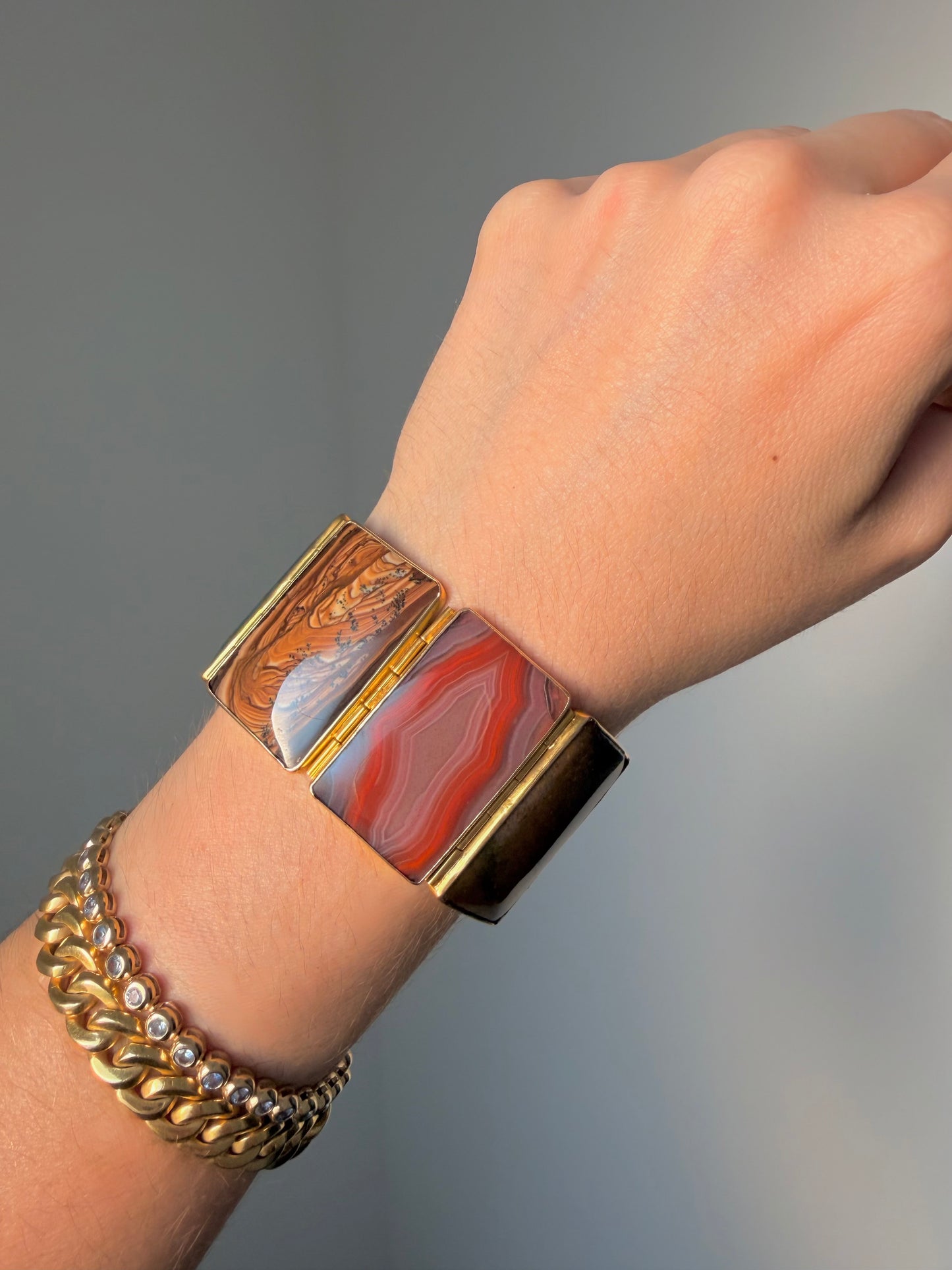 Antique yellow 14K Victorian hardstone panel bracelet, 6.75 inch