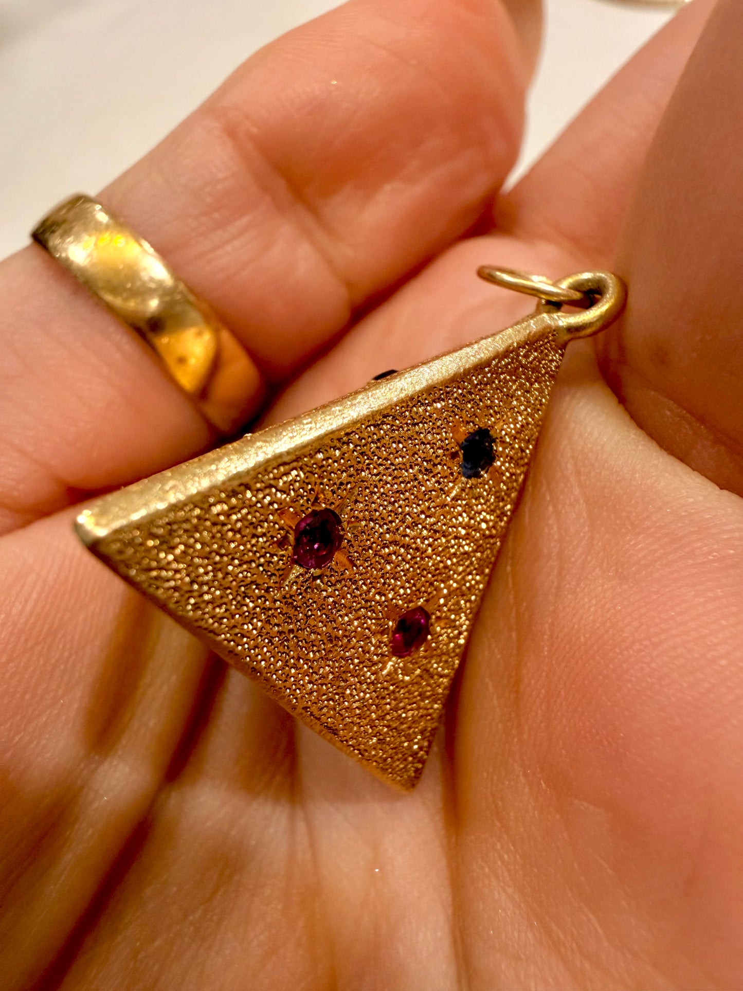 Vintage yellow 14K pyramid pendant with blue and pink stones