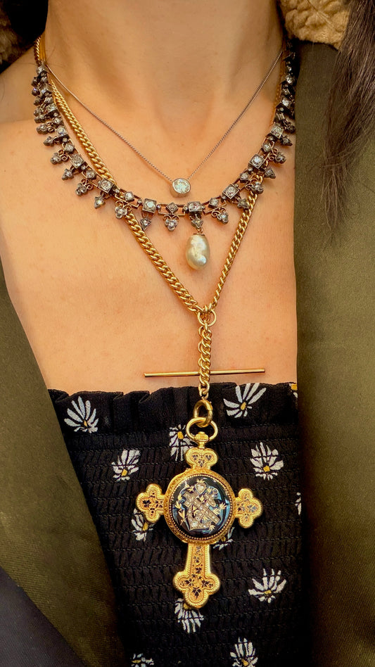 Antique 21K gold and silver topped over 7ctw Old Mine Cut diamond, rose cut diamond and pearl fringe chain, 16 and 7/8 inch