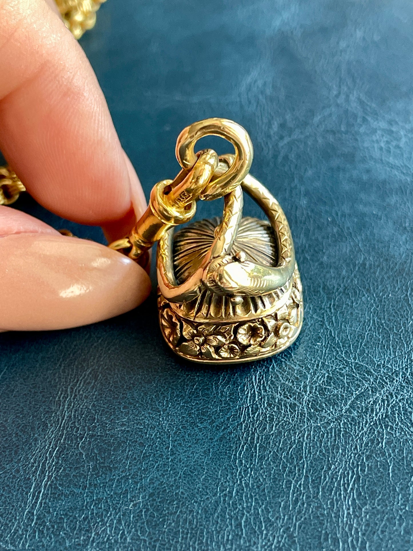 Antique 14K snake and floral fob with faceted foil back quartz