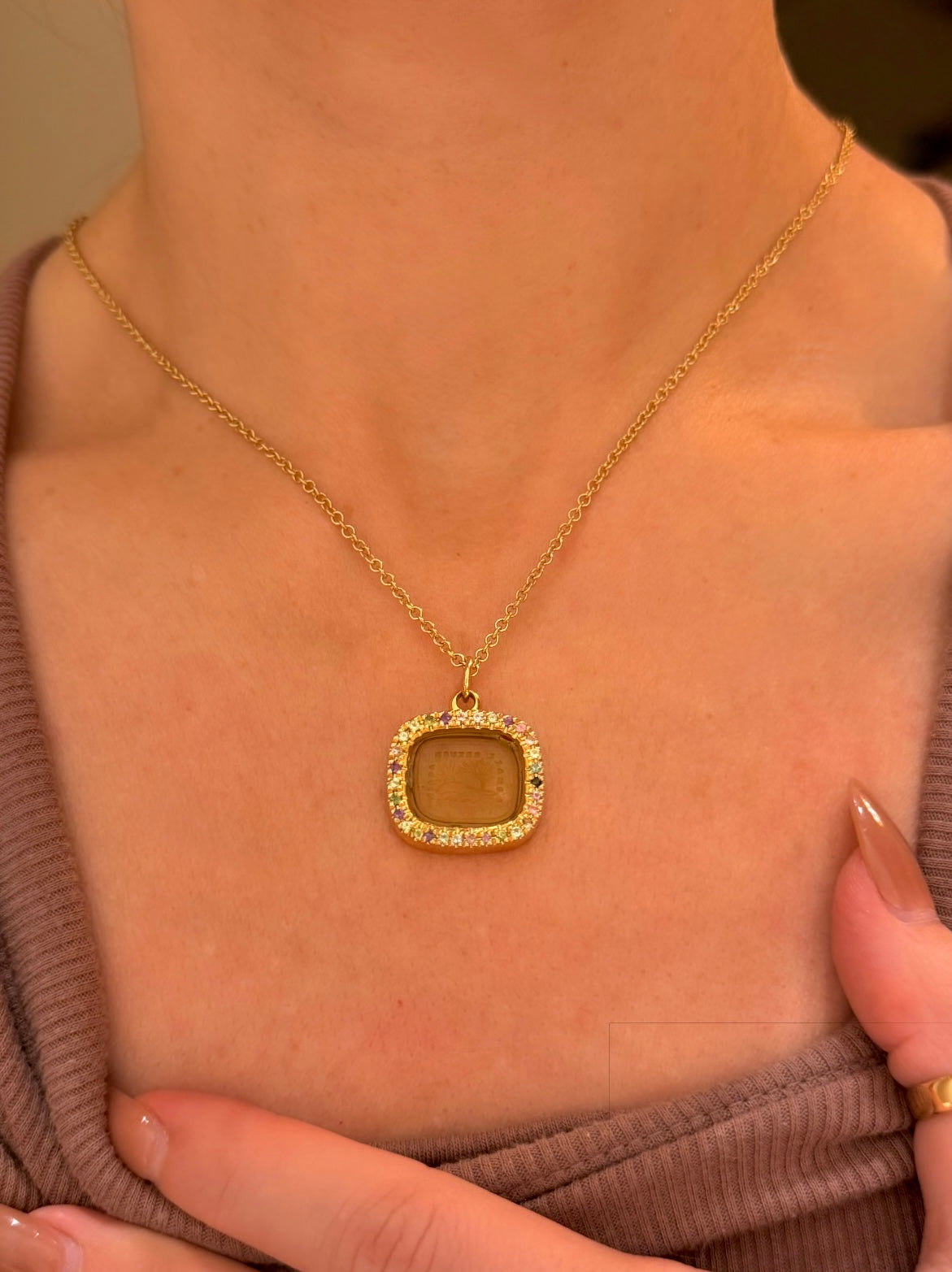 Antique 18K intaglio set in custom yellow 18K tourmaline border pendant by Bauble Magpie