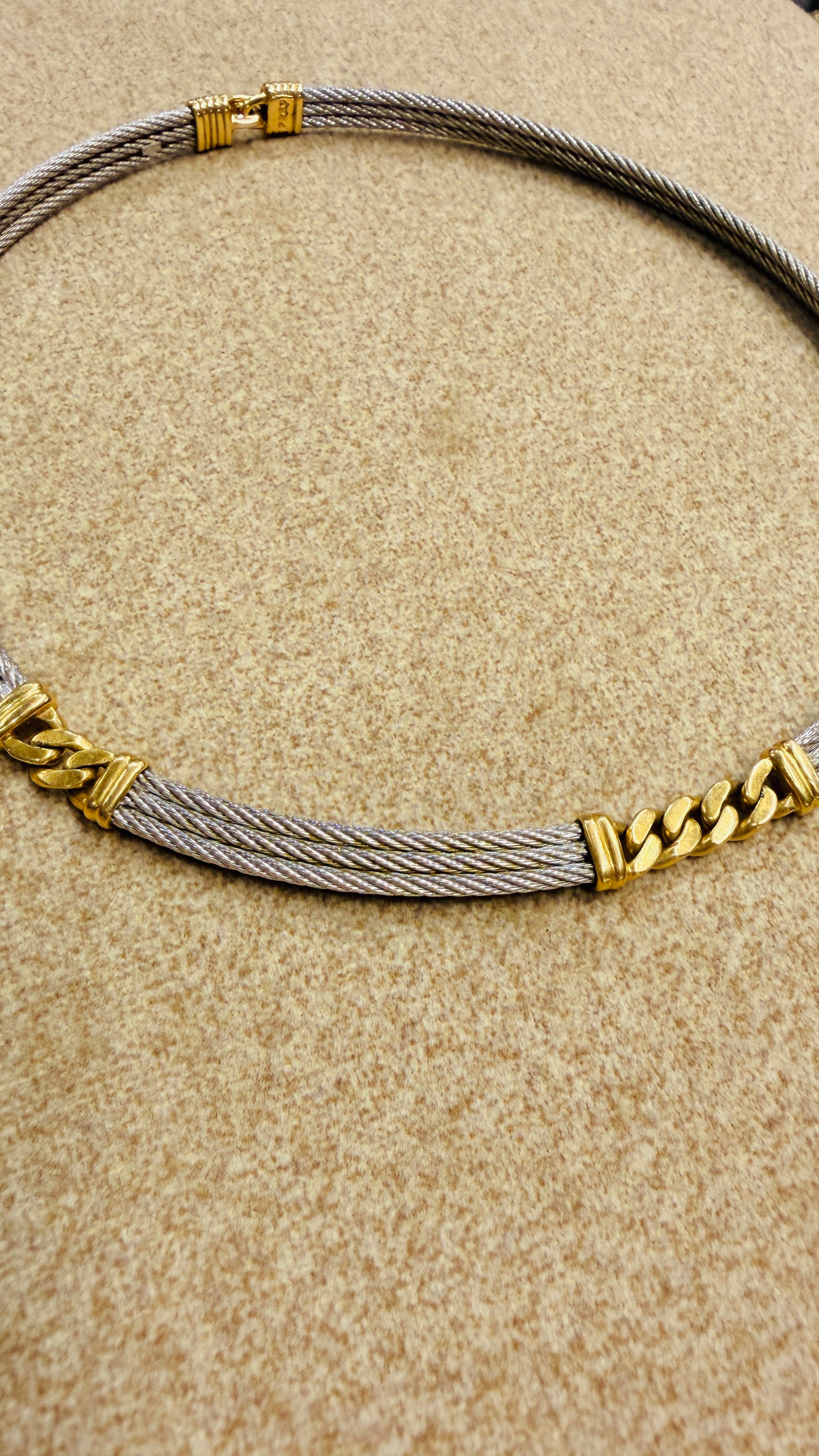 Vintage yellow 18K and steel Fred Paris designer Force 10 collar necklace, 14.5 inch