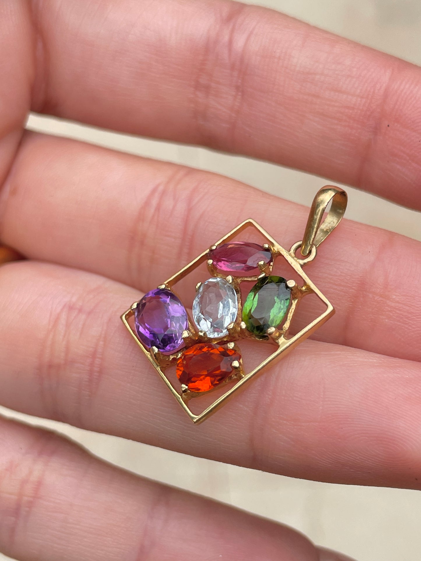Vintage yellow 18K multi gemstone openwork pendant