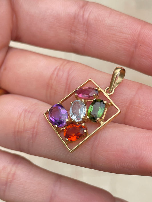 Vintage yellow 18K multi gemstone openwork pendant