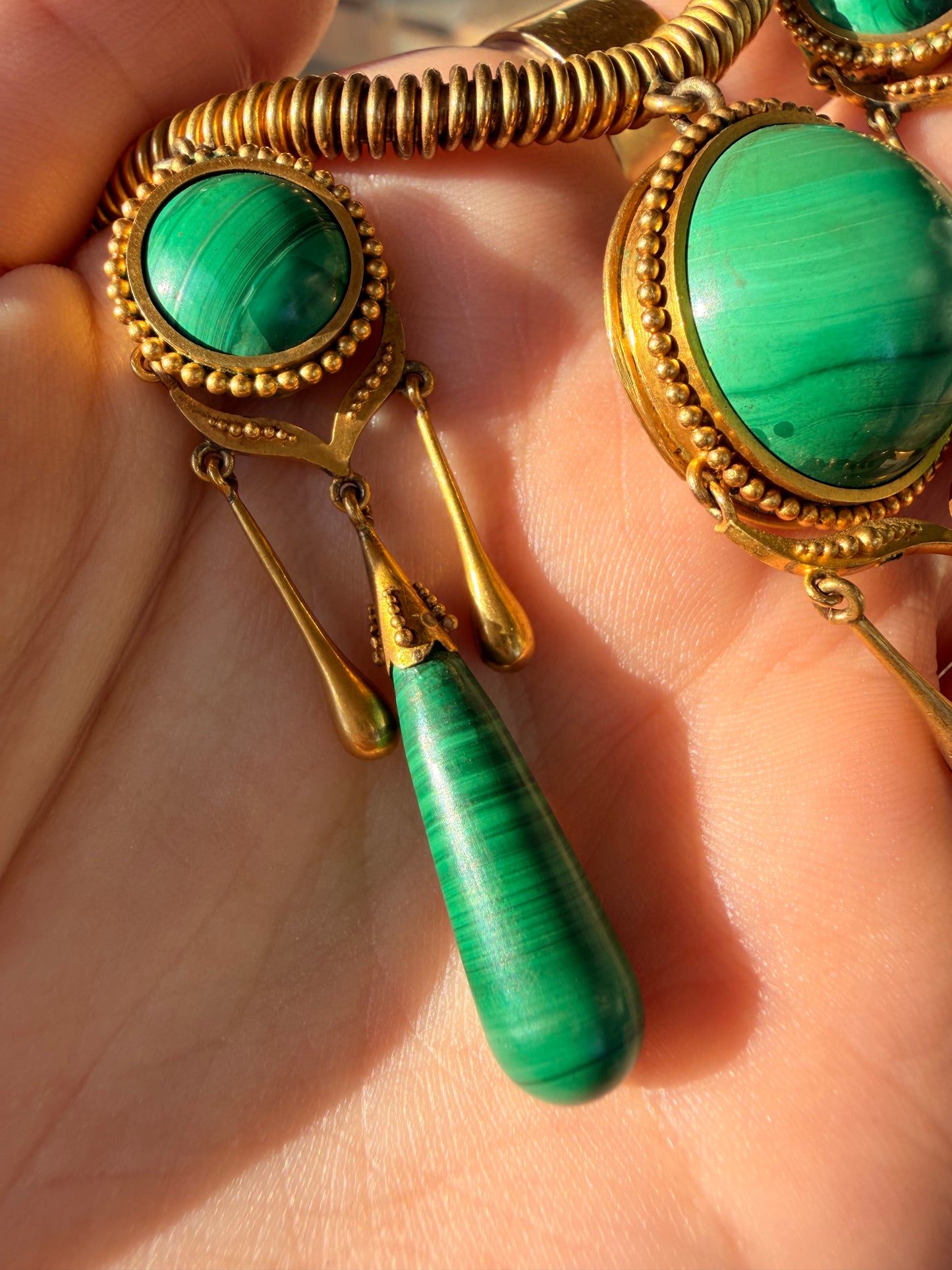 Antique yellow 18K tubogas malachite drop necklace, 16 and 1/8 inch