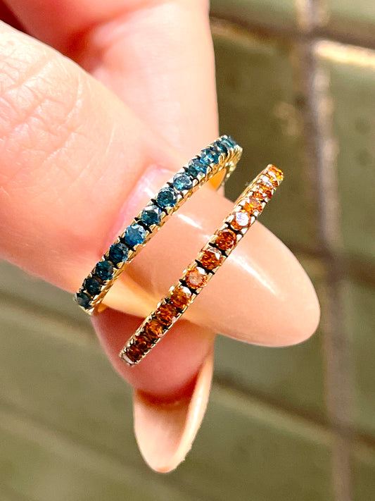 [PRIVATE] Set of 2 yellow 14K gold blue and orange diamond fan rings