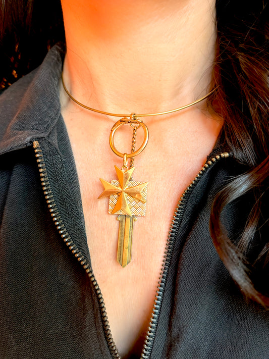 Vintage yellow 14K gold and brass key keychain or charm holder
