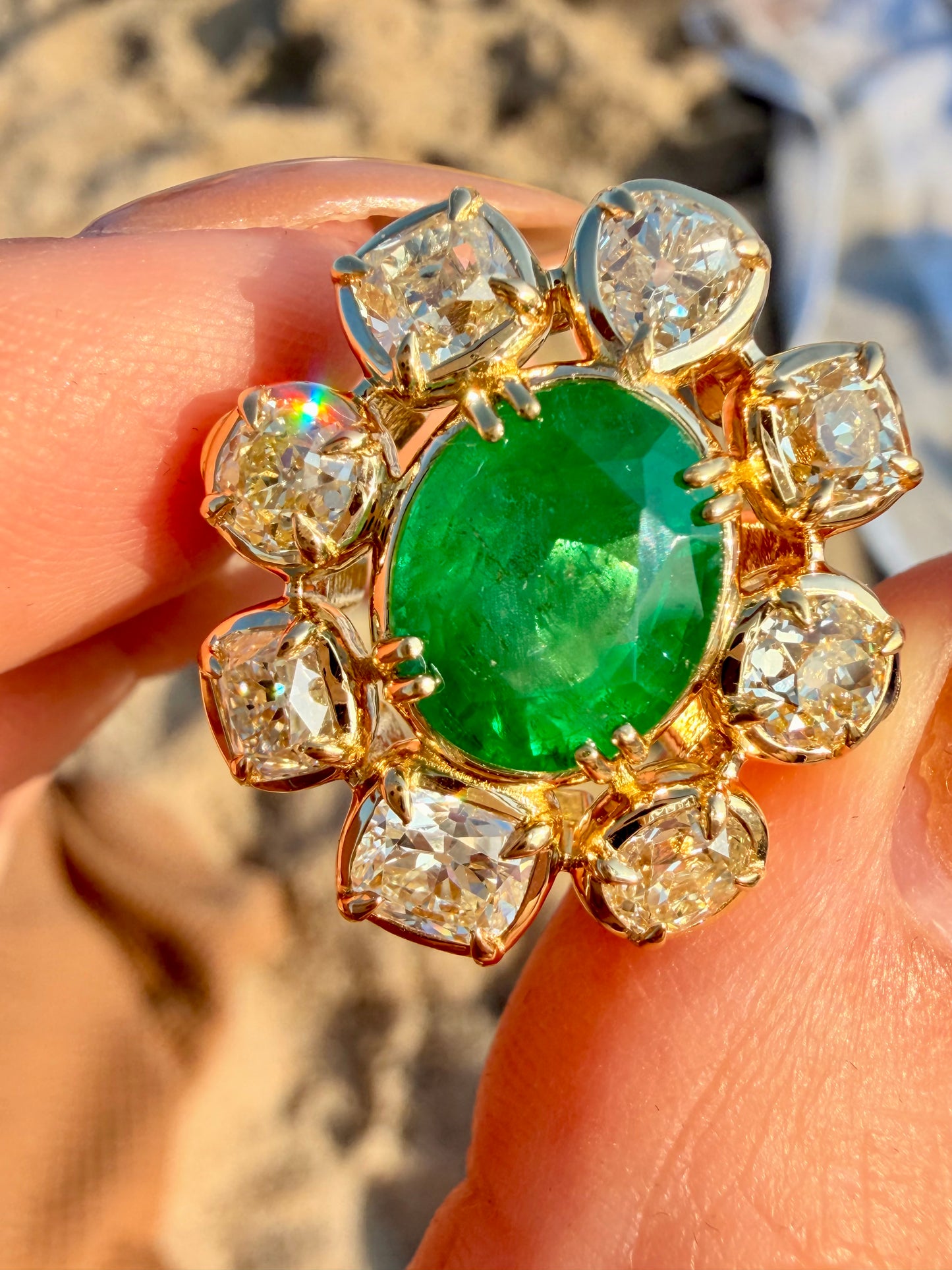 Yellow 18K approx 3.5ctw antique old mine cut diamond halo ring with 3.75ctw natural emerald, size 6.5