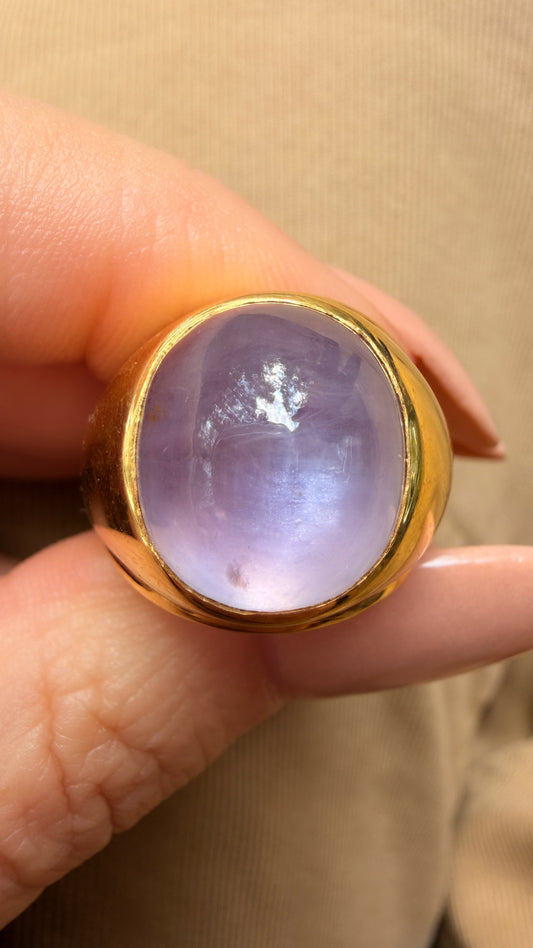 Vintage yellow 18K natural unheated 19.3 ctw purple pink sapphire cabochon ring, size 8.5 sizable