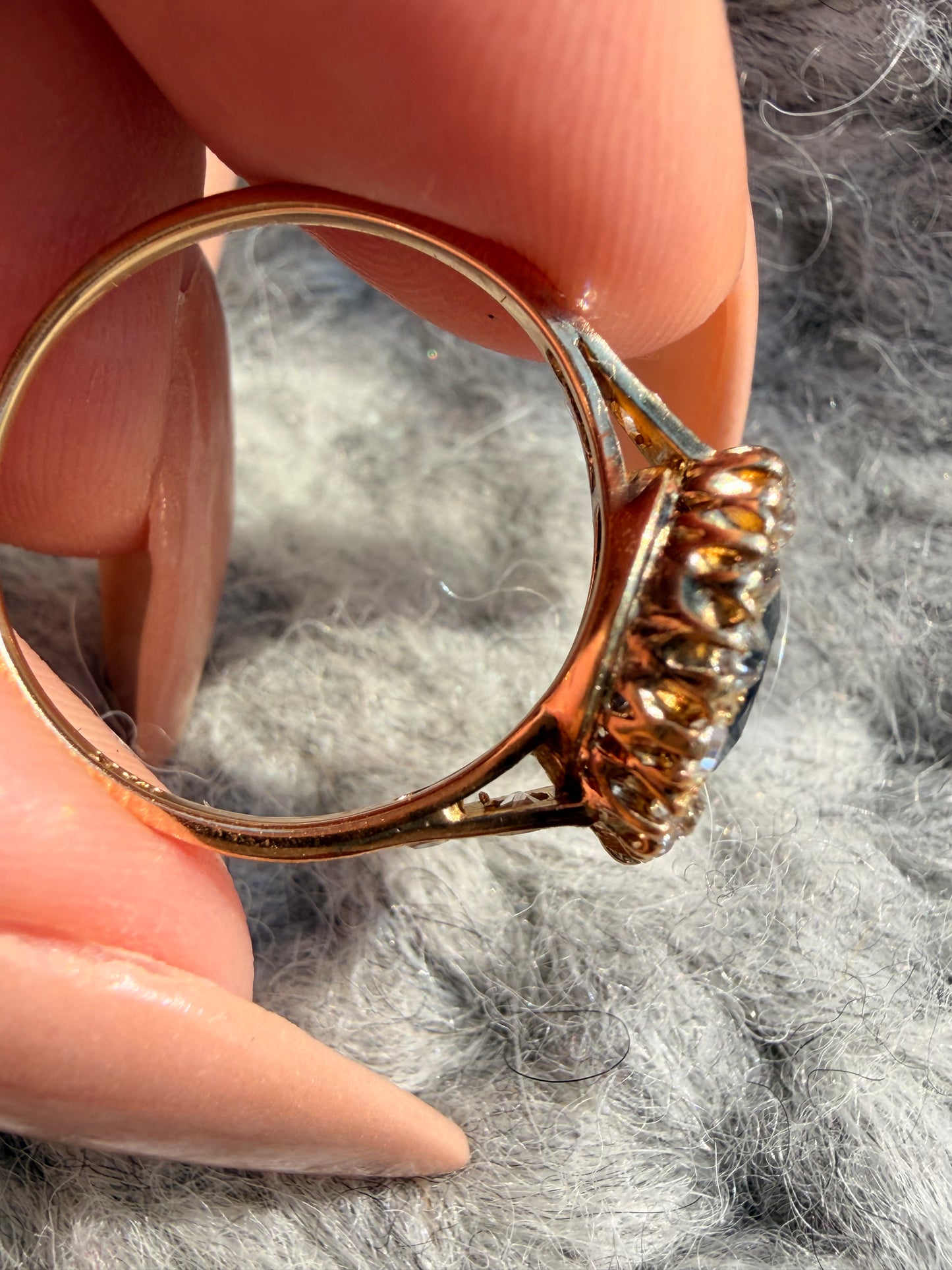 Antique yellow 14K unheated 1.05ctw royal blue sapphire and approx .38ctw diamond halo ring, size 7.25