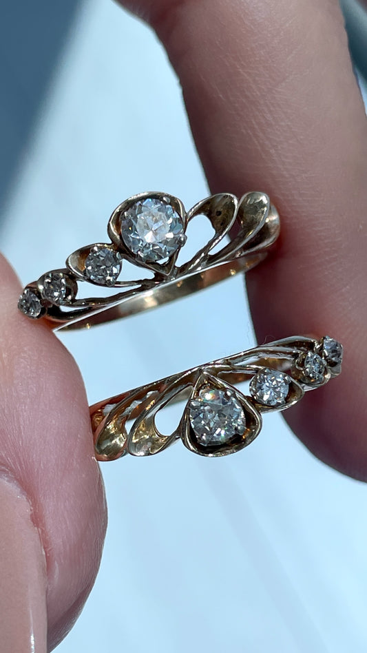 Vintage set of yellow 14K scalloped .88 ctw old cut diamond rings, size 7.75