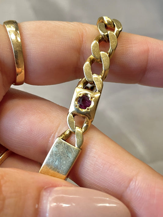 Vintage yellow 18K solid curb link ID bracelet with natural rubies, 8 and 1/8 inch