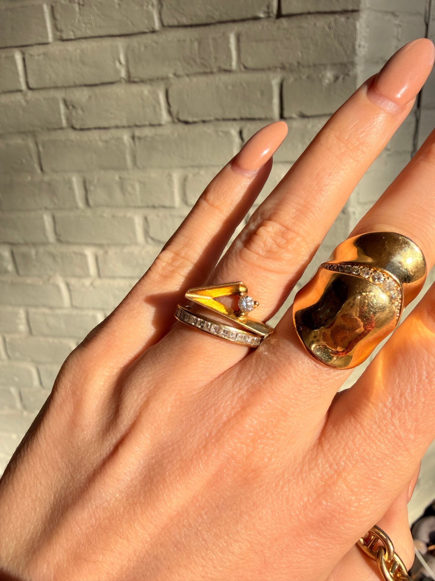 Vintage yellow 18K gold angled ring with diamond, circa 1970's, size 5