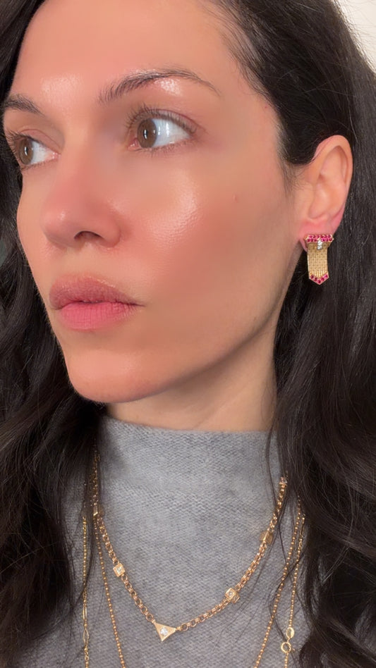 Vintage Retro era yellow 14K approx 1.4ctw natural ruby and .16ctw diamond belt buckle earrings