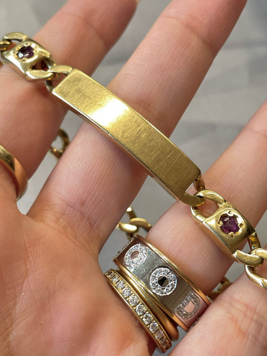 Vintage yellow 18K solid curb link ID bracelet with natural rubies, 8 and 1/8 inch