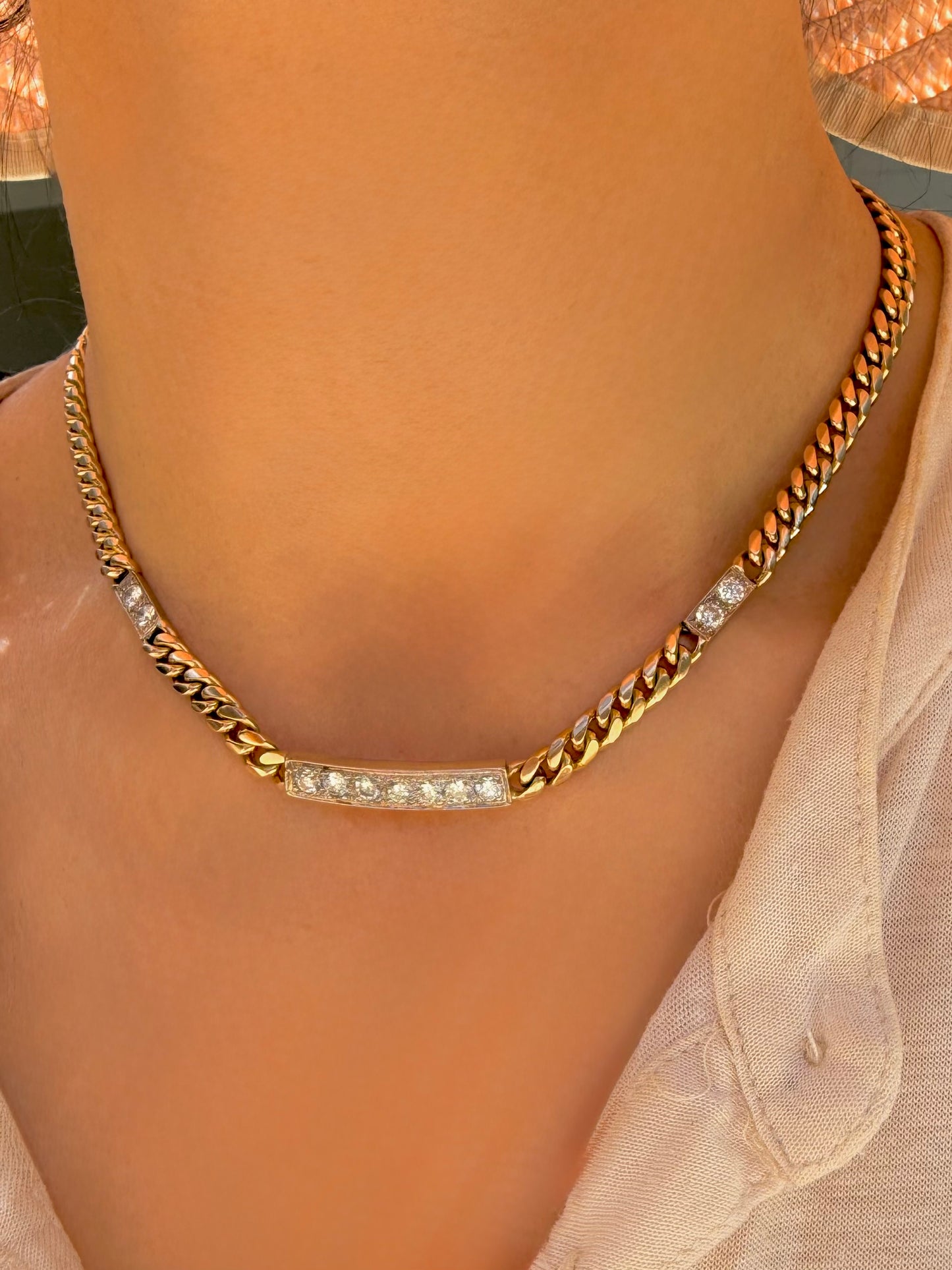 Vintage 14K triple bar 2ctw diamond curb chain, 16 inch