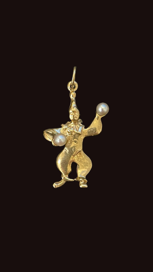 Vintage yellow 14K clown juggling pearls charm