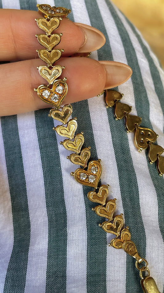 Vintage Yellow 14K approx .9 ctw diamond heart link bracelet, 7 and 7/8 inch