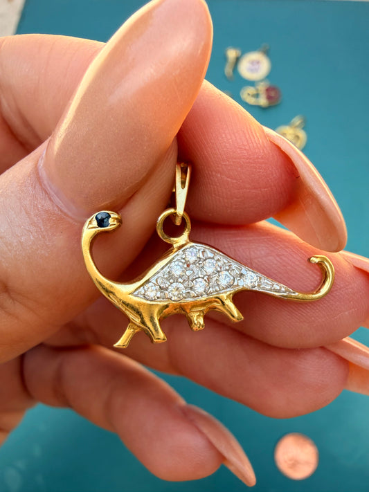 Vintage 18K gold sapphire and diamond dinosaur pendant