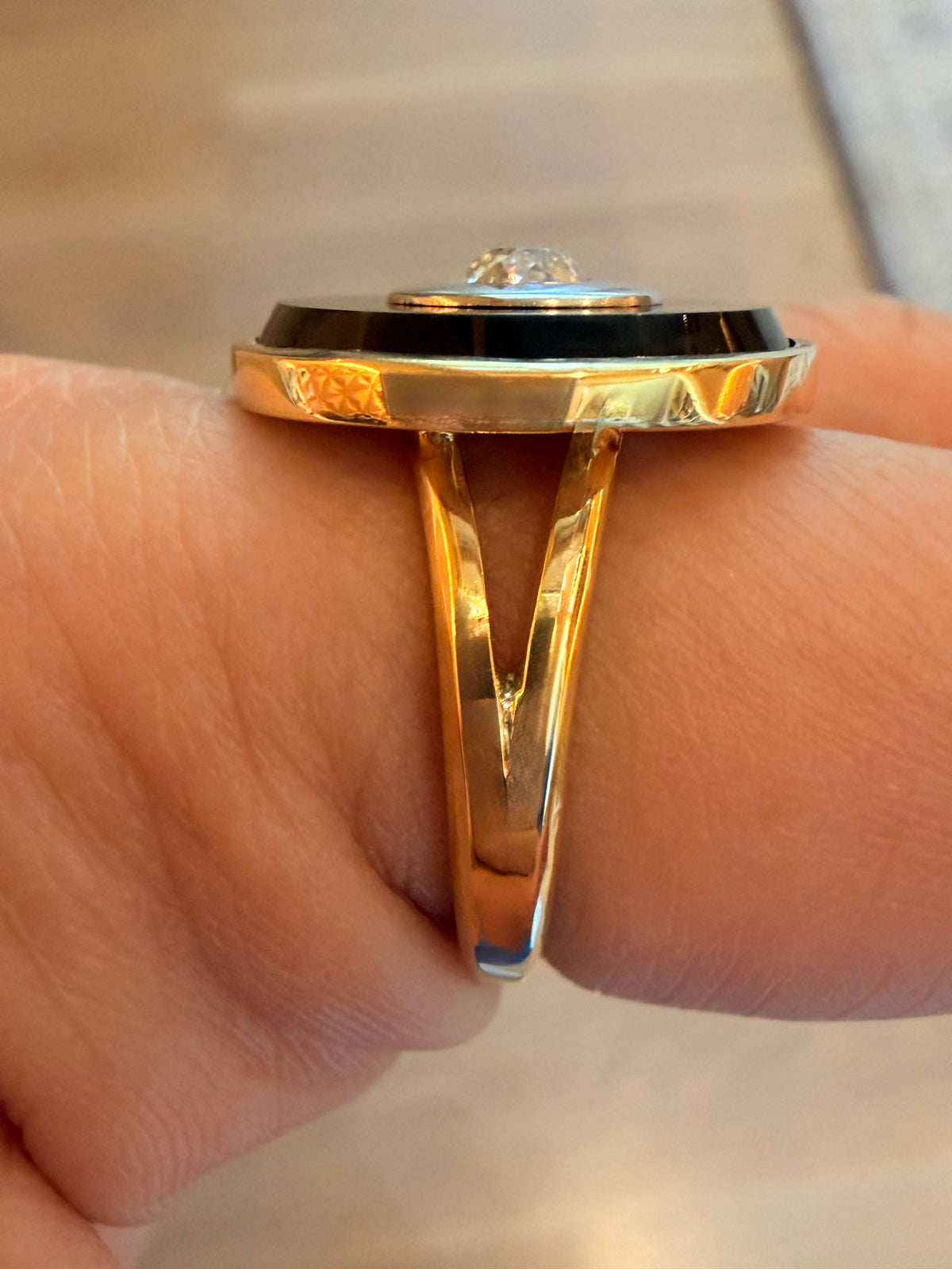 Vintage 18K onyx target ring with .5 ctw old mine cut diamond, size 7.25-7.5