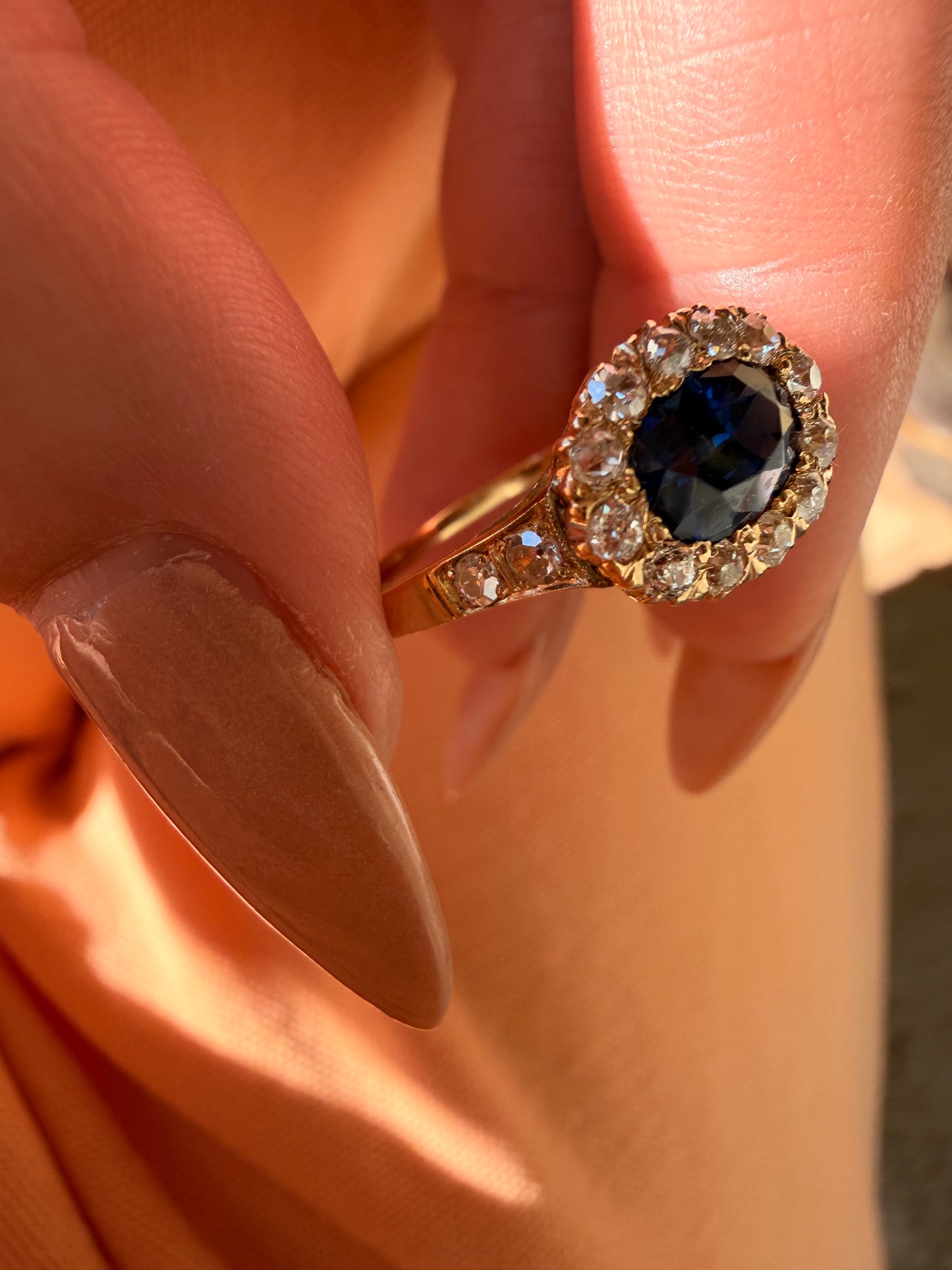 Antique yellow 14K unheated 1.05ctw royal blue sapphire and approx .38ctw diamond halo ring, size 7.25