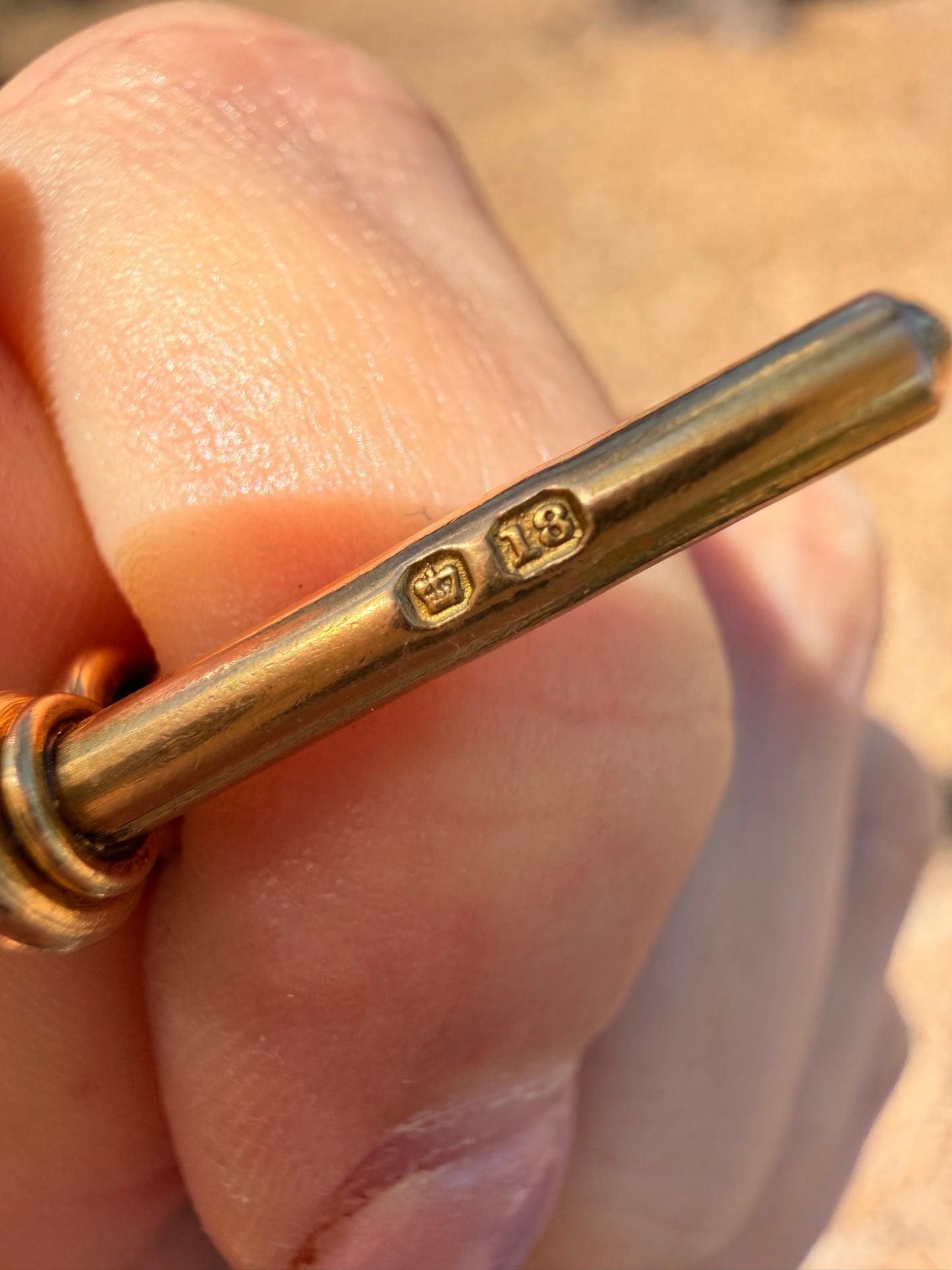 Antique yellow 18K fancy trombone watch chain with double dog clips, 19 and 1/8 inch long with extra link for extension