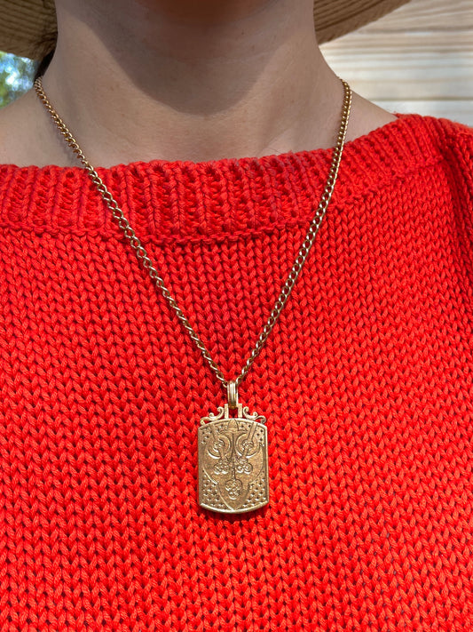 Antique warm yellow 18K engraved celestial shield locket pendant