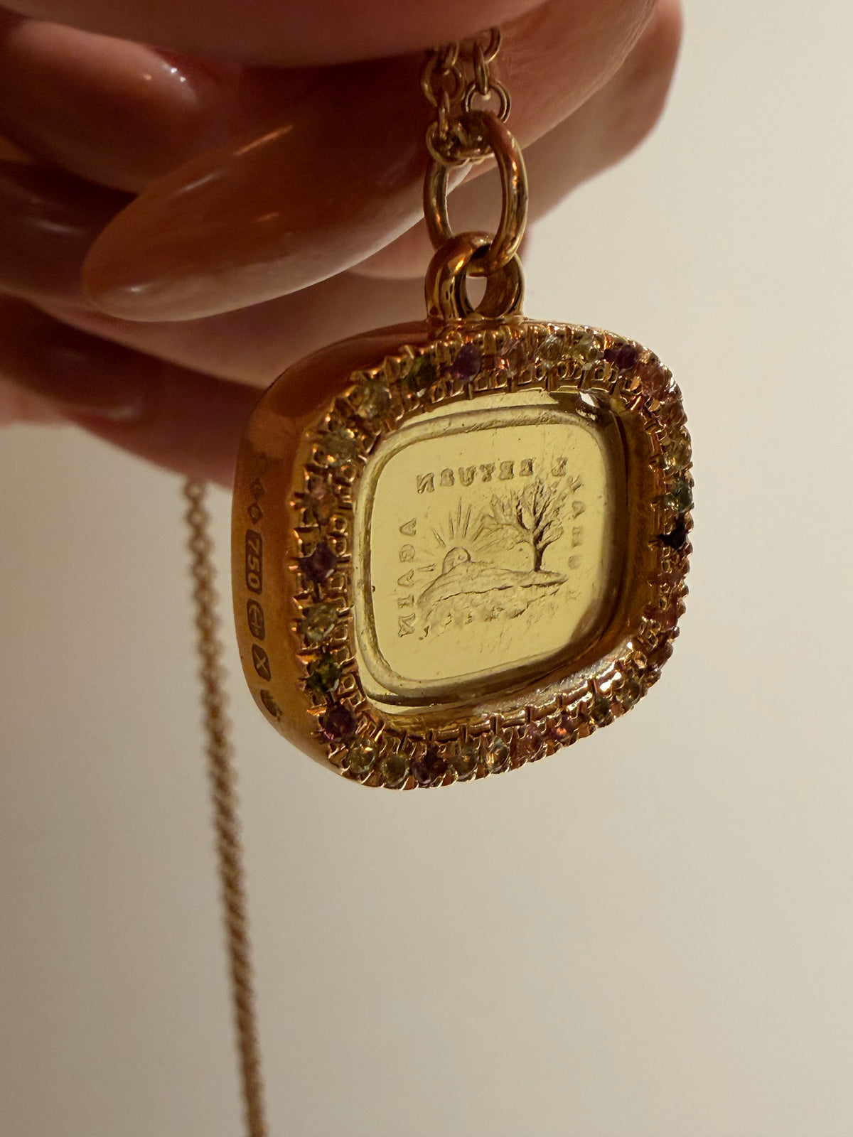 Antique 18K intaglio set in custom yellow 18K tourmaline border pendant by Bauble Magpie