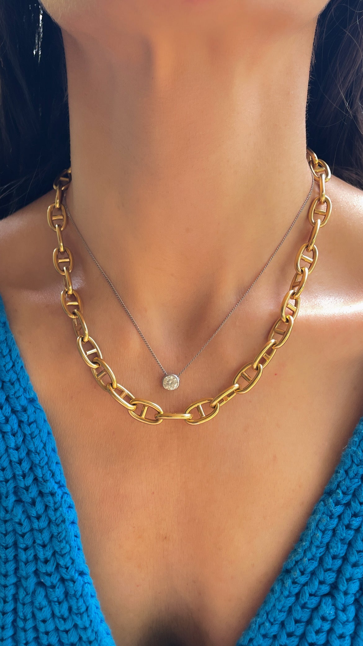 Vintage French yellow 18K gold round anchor link chain and bracelet set