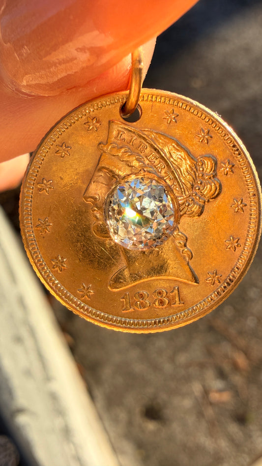 Antique yellow 21K gold 1881 $5 US Liberty coin with approx 1.1 ctw old mine cut diamond pendant
