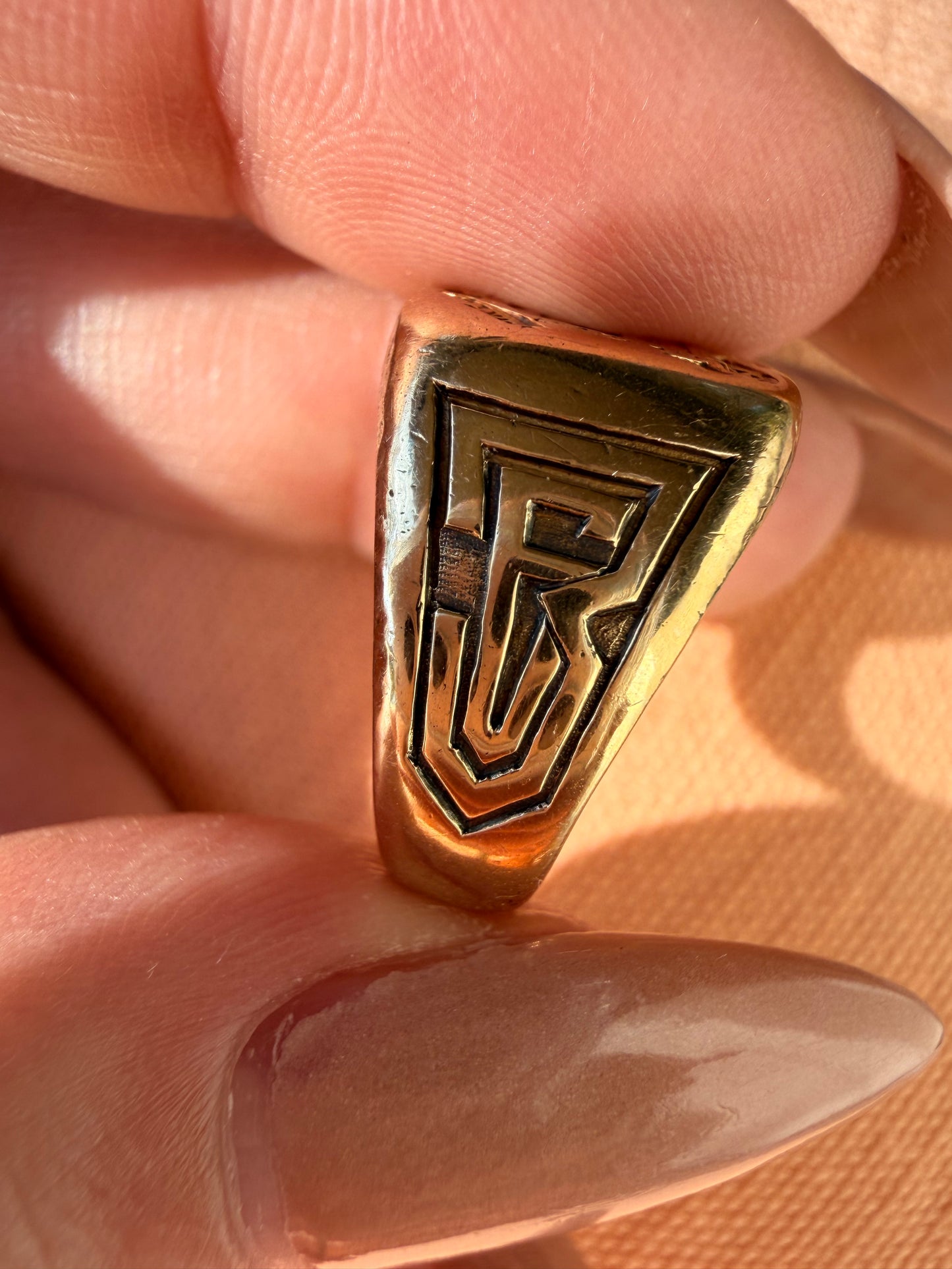 Vintage yellow 14K gold Tiffany & Co Maltese Cross and Shield Saint Agatha signet ring, size 6.75