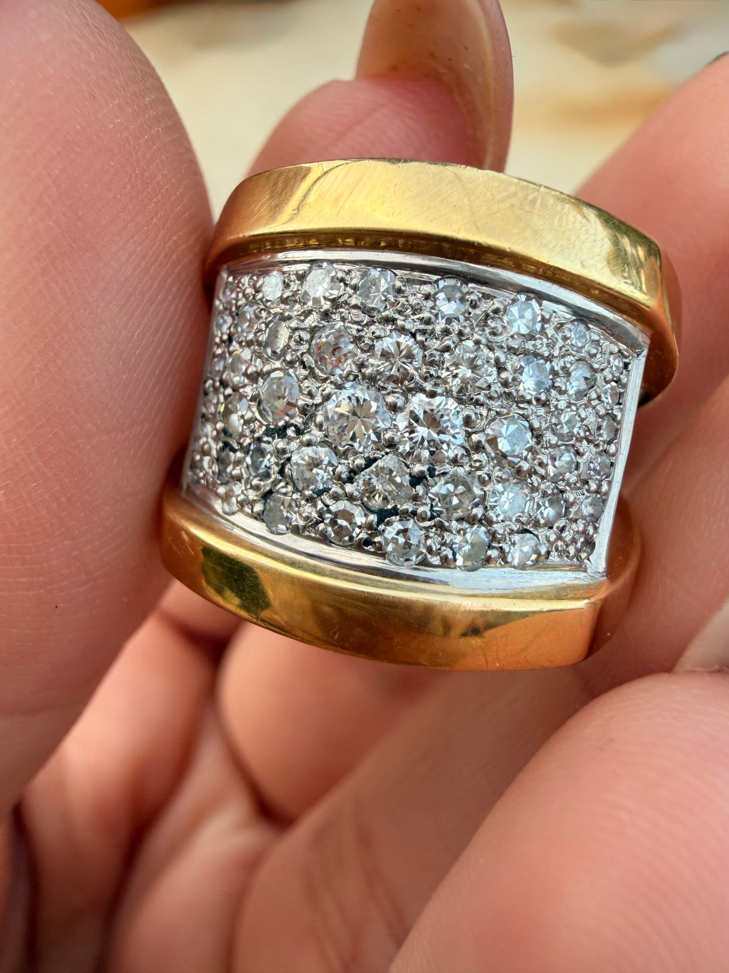 Vintage yellow and white 18K approx .5ctw diamond angled ring, size 7-7.25