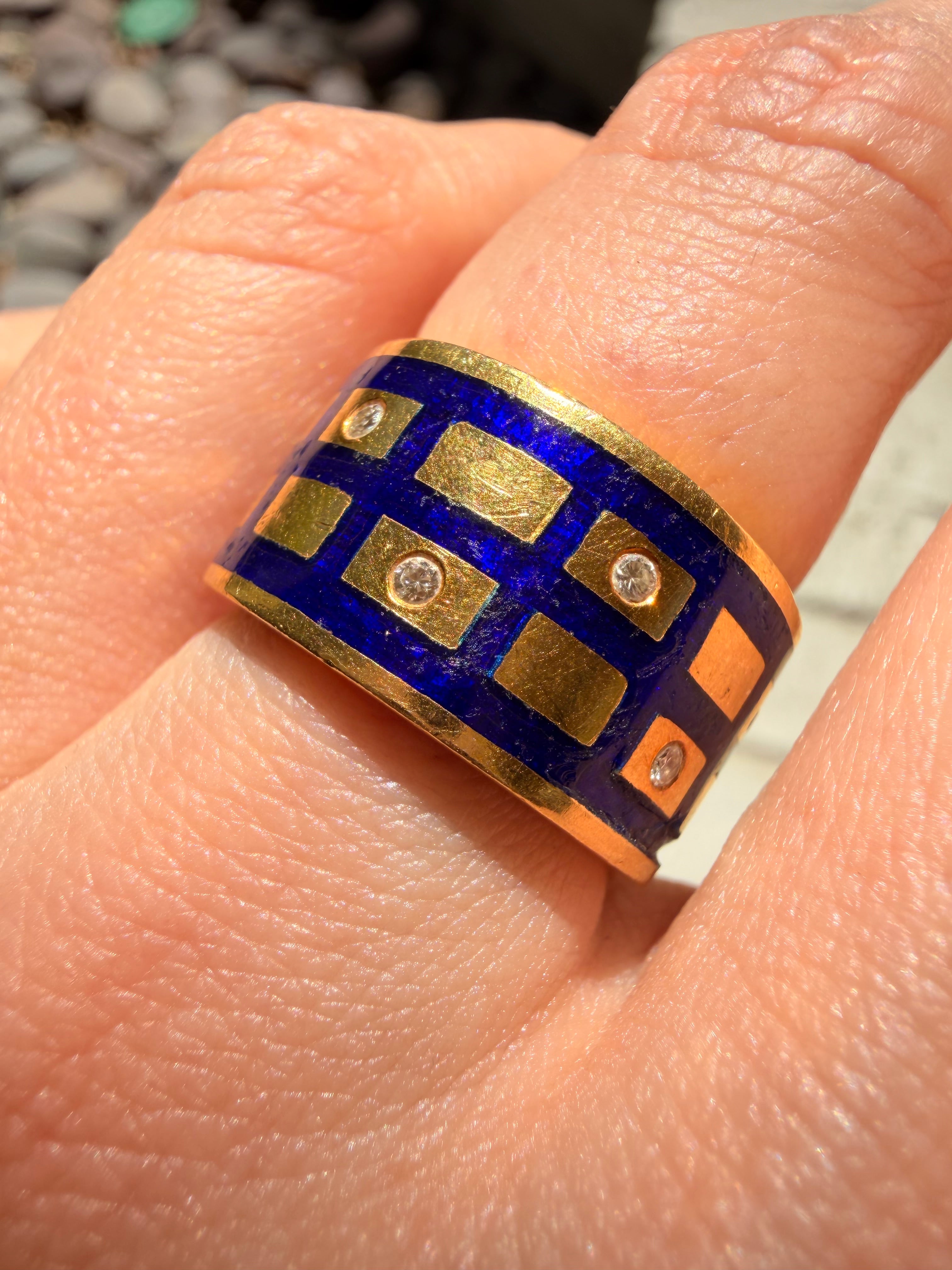 Vintage yellow 18K blue enamel and diamond grid eternity band, size 6 ...