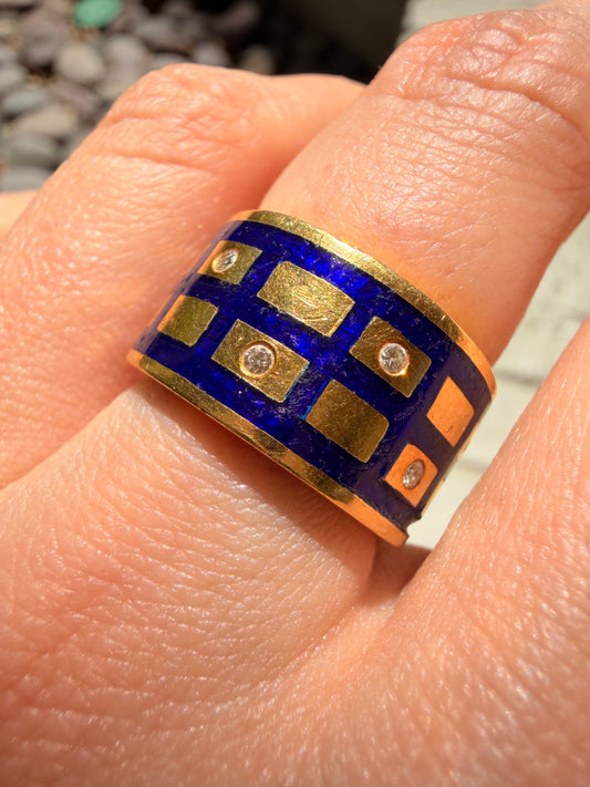 Vintage yellow 18K blue enamel and diamond grid eternity band, size 6.25-6.5