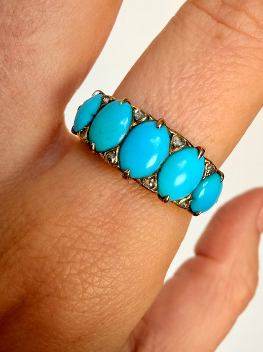 Antique 18K 5-stone Persian turquoise and rose cut diamond ring, size 7.75