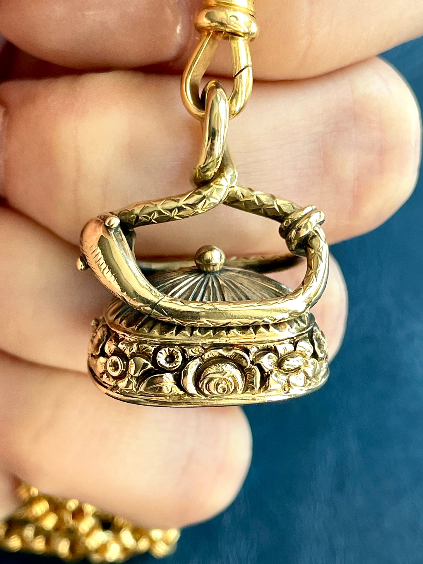 Antique 14K snake and floral fob with faceted foil back quartz