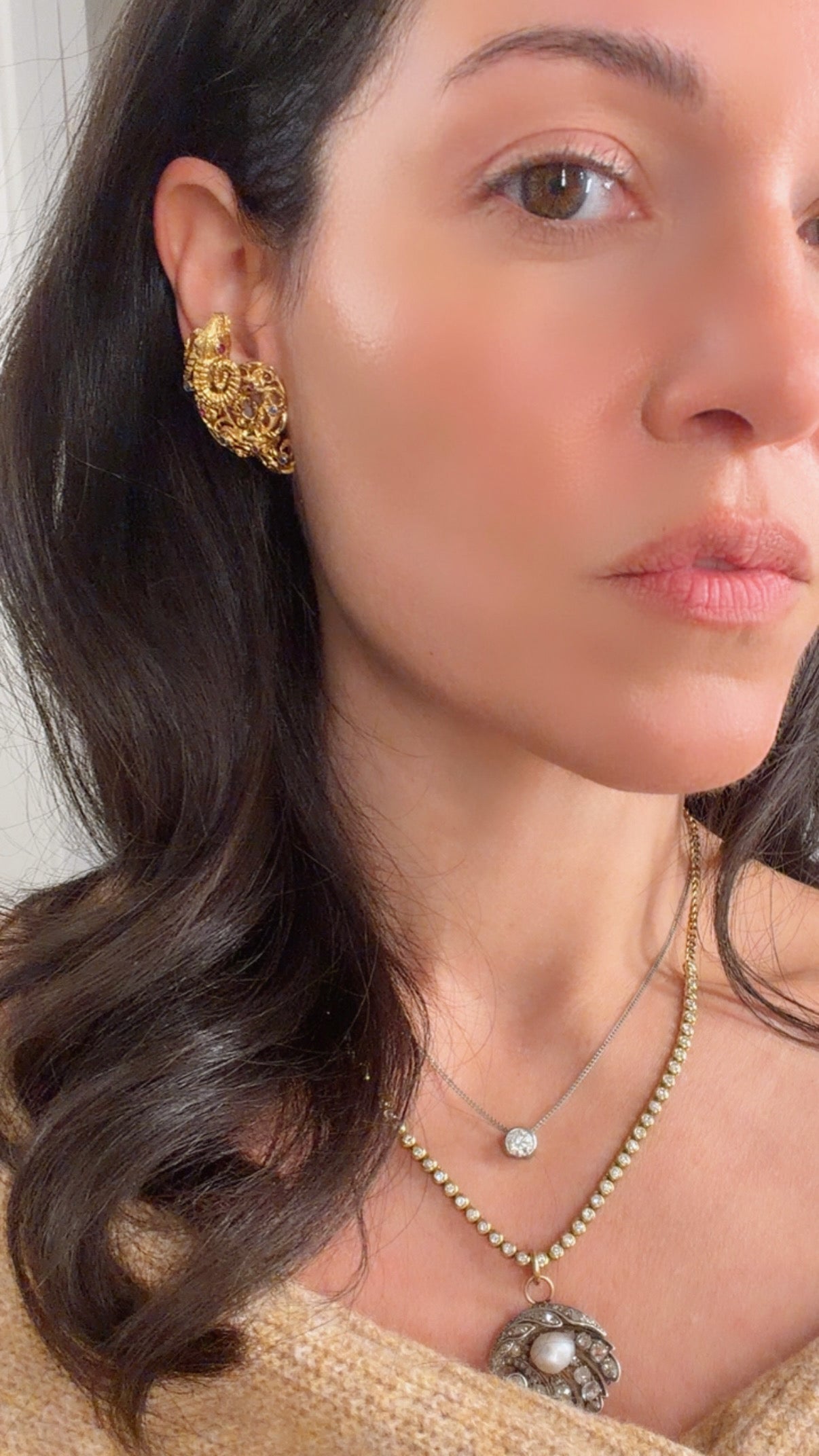 Vintage circa 1960s yellow 18K approx .6ctw sapphire and ruby ram clip statement earrings