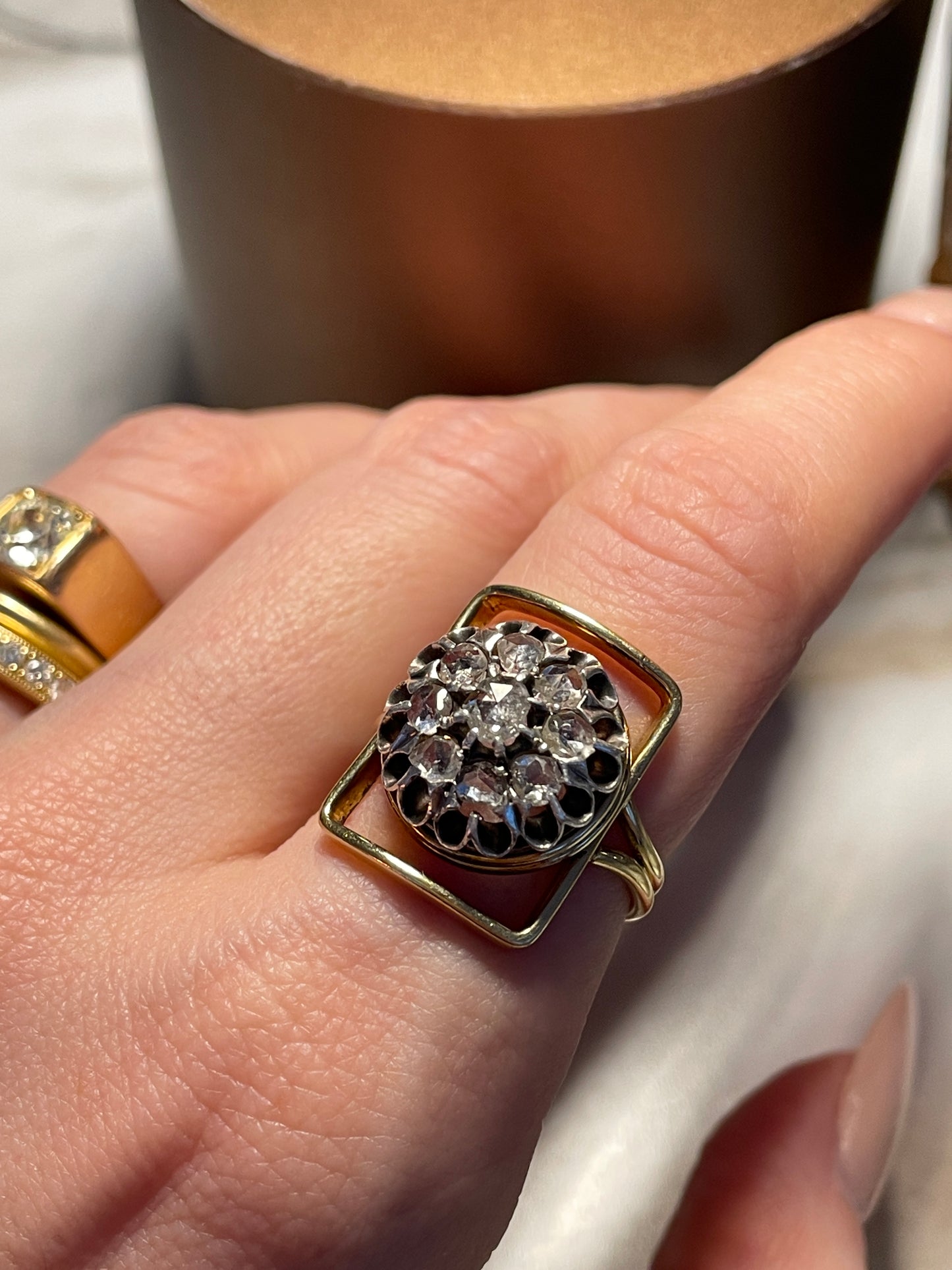Vintage yellow 22K and silver approx .5 ctw rose cut diamond open square shape ring, size 7