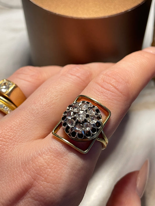 Vintage yellow 22K and silver approx .5 ctw rose cut diamond open square shape ring, size 7