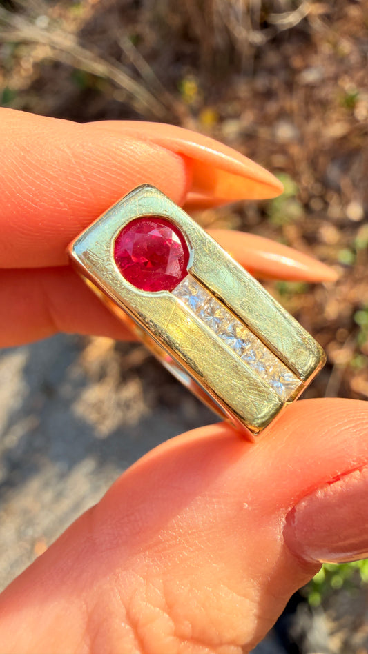 [PRIVATE] Vintage yellow 14K approx .55ctw natural ruby and .08ctw princess cut diamond rectangular face ring, size 7.75