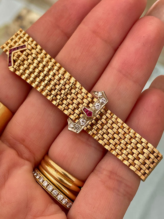 Vintage yellow 14K adjustable belt bracelet with rubies and diamonds