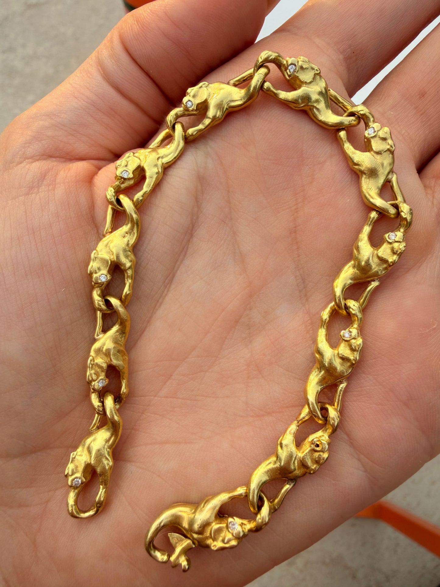 Vintage 18K panthers with diamonds bracelet, possible Carrera y Carrera, 7.75 inch sizable