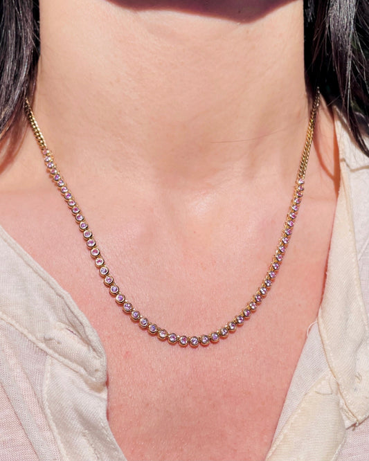 Original 3GOG yellow 14K gold approx 2 ctw purple sapphire bubble watch chain necklace, 19 inch long with 18 inch clasping option